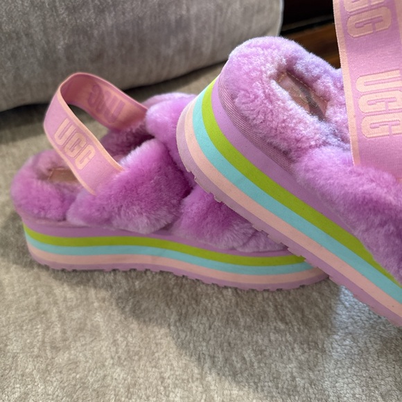 UGG Fuzzy Pink and Lime Platform Sandals - Picture 1 of 4